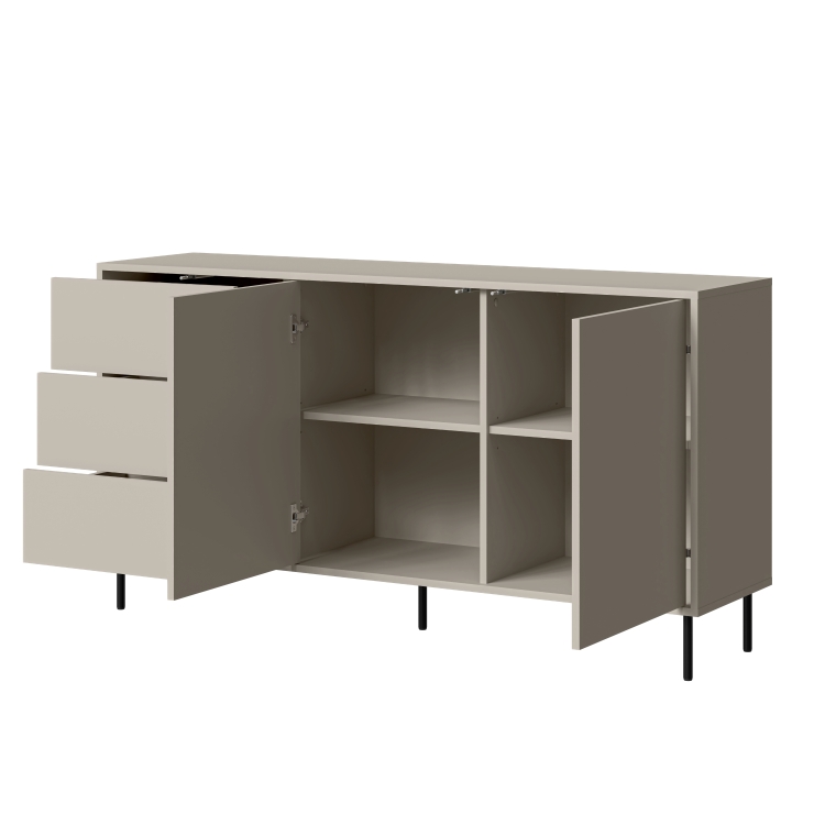 komoda z szufladami beżowa  masha 150 na czarnych metalowych nóżkach do nowoczesnego wnętrza z matowymi frontami