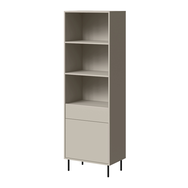 regał kaszmir masha z matowym wykończeniem, otwarte półki, zamykana komora i szuflada, metalowe czarne nogi, nowoczesny design