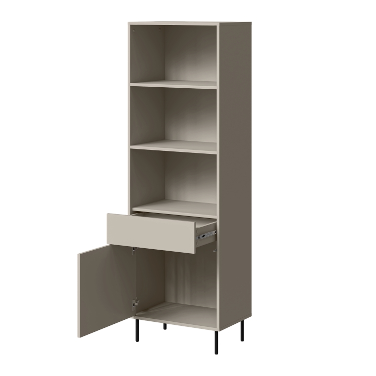 regał do salonu w kolorze kaszmir, minimalistyczna forma, matowe fronty, metalowe nogi 14 cm, elegancki styl nowoczesny