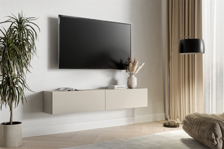 Matowa szafka RTV kaszmir z praktycznymi przestrzeniami.