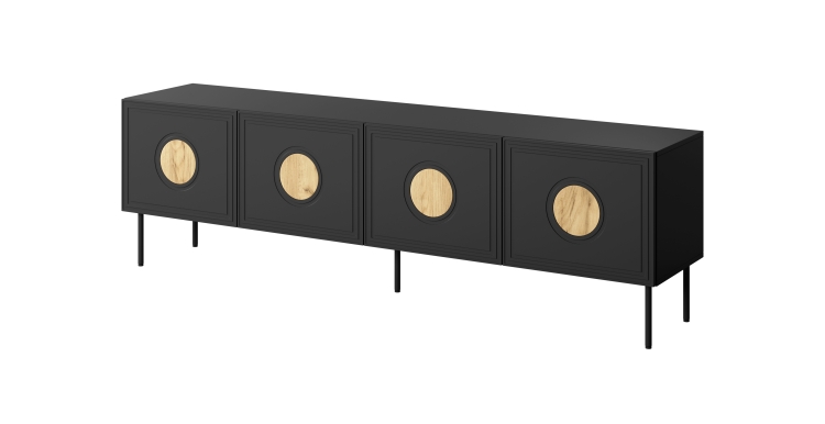 Szafka RTV 200 cm z matową czernią i dekoracyjnymi wstawkami.