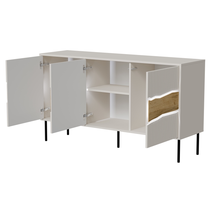 komoda kaszmirowa inserto 3d na wysokich czarnych nóżkach z frezowanymi frontami i ciepłym podświetleniem