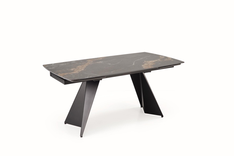 nowoczesny stół do salonu rozkładany z ciemnym marmurowym blatem i geometryczną podstawą