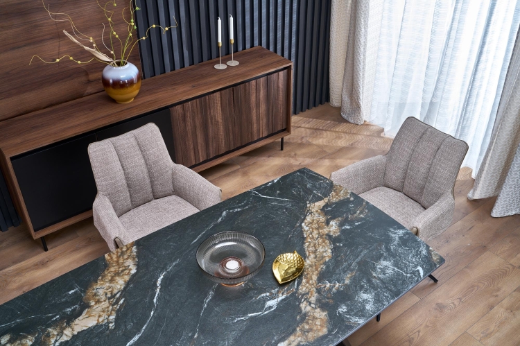 stół do jadalni rozkładany czarny marmur na czarnej stalowej podstawie do designerskich wnętrz