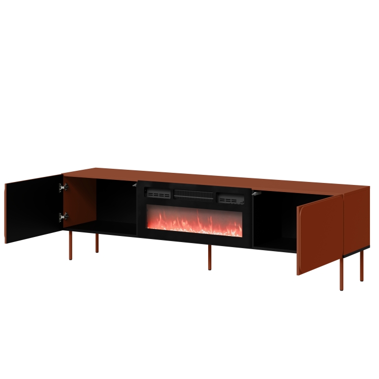 Ruda szafka RTV z kominkiem elektrycznym 200 cm z systemem push to open i frezowanymi frontami.