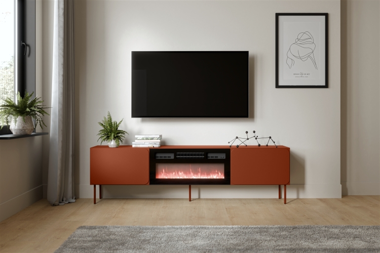 Industrialna szafka RTV z kominkiem ruda i matowymi frontami RAFAEL.