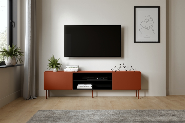 Szafka RTV industrialna RAFAEL EF ruda z dwiema zamkniętymi komorami i centralną półką.