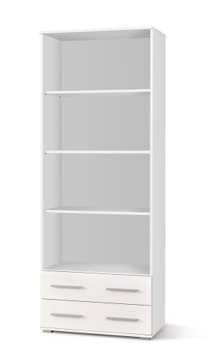 Regał biały połysk z otwartymi półkami i szufladami do przechowywania.