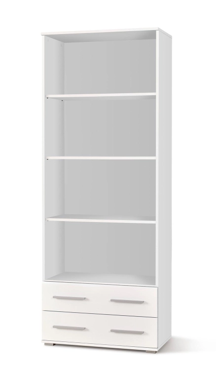 Regał biały połysk z otwartymi półkami i szufladami do przechowywania.