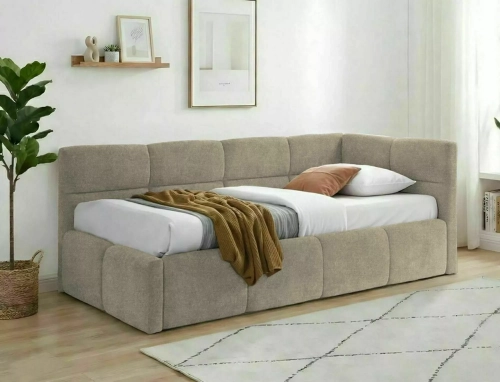 Łóżko beżowe EMMA w ciemnym odcieniu z funkcjonalnym schowkiem i nowoczesną tapicerowaną bryłą.