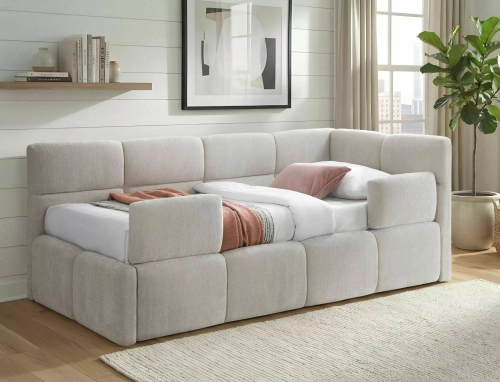 Łóżko 90x200 EMMA z praktycznym schowkiem, kompaktową formą i miękkim wykończeniem do nowoczesnego wnętrza.