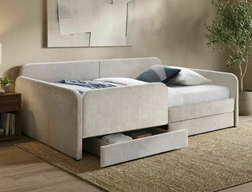 Łóżko tapicerowane 120x200 AMELIA w beżowym kolorze z dwiema szufladami, tapicerowaną ramą i barierką boczną.