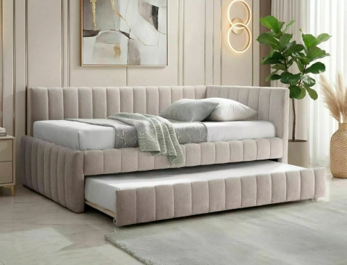 Łóżko tapicerowane beżowe ALFIE z pionowymi przeszyciami i dodatkowym miejscem do spania.
