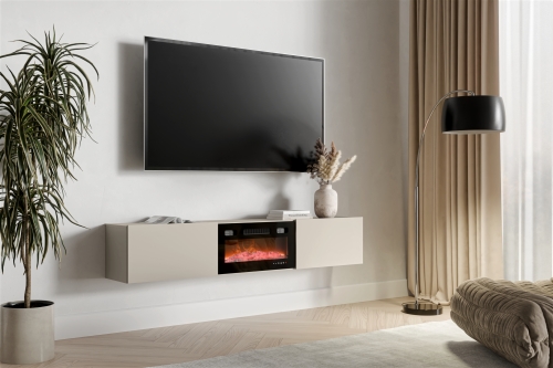 Szafka RTV z kominkiem elektrycznym kaszmir, minimalistyczna, wisząca, elegancka.