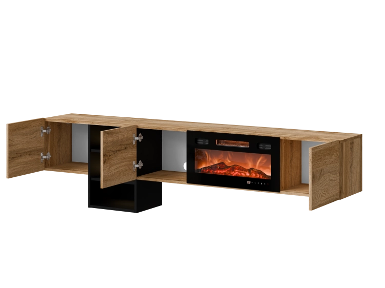 Szafka RTV z kominkiem elektrycznym dąb wotan wisząca z półkami i funkcją grzewczą.