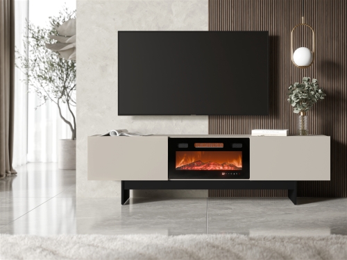Szafka pod telewizor 180 cm kaszmir z kominkiem RGB i miejscem na urządzenia multimedialne.