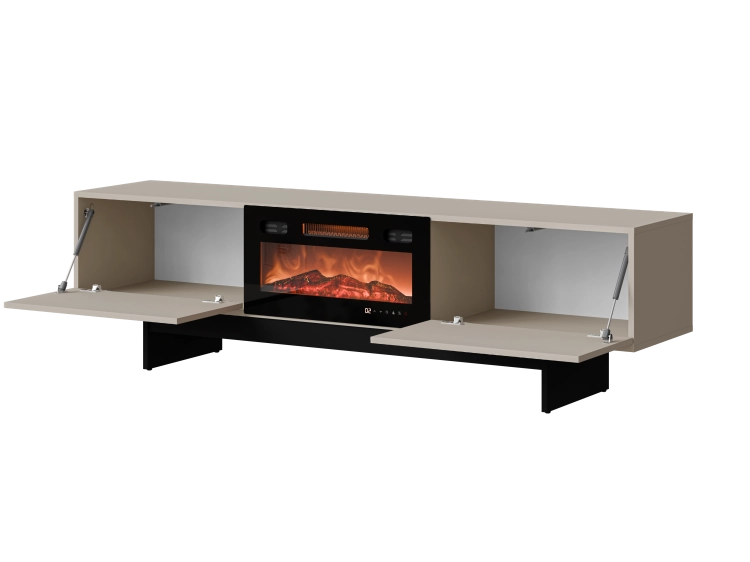 Nowoczesna szafka RTV do salonu kaszmir z kominkiem i stabilnym dolnym stelażem.