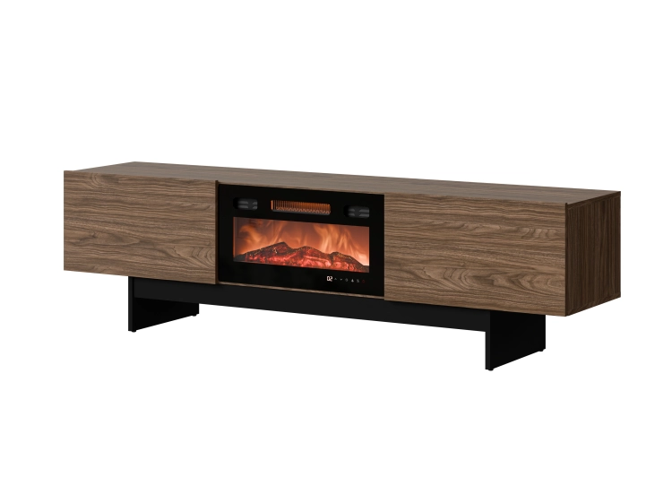 Szafka RTV orzech 180 cm z kominkiem elektrycznym i opuszczanymi frontami na siłownikach.