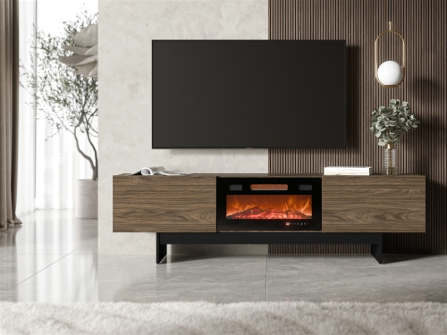 Szafka RTV z kominkiem orzech stojąca z praktycznym wnętrzem na sprzęt RTV.