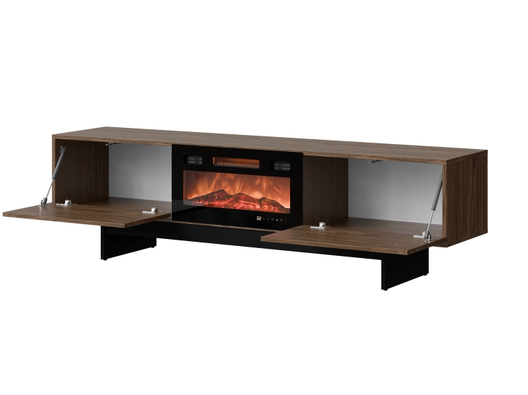 Szafka pod telewizor 180 cm orzech z kominkiem i centralnym wkładem grzewczym.