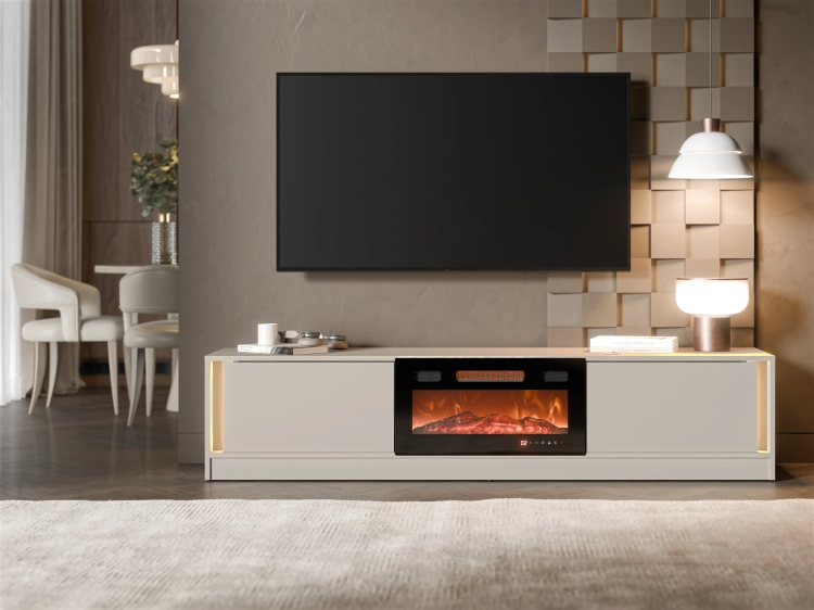 Nowoczesna szafka RTV z kominkiem kaszmir z centralnym wkładem i systemem bez uchwytów.