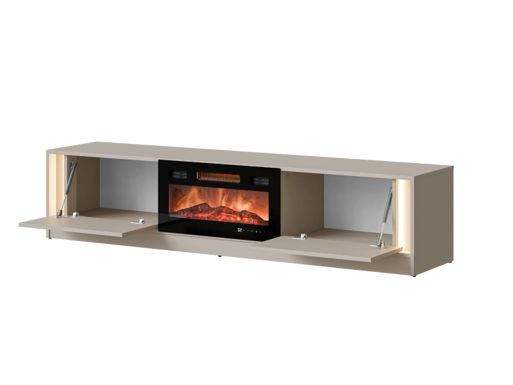 Szafka RTV z kominkiem elektrycznym kaszmirowa 180 cm minimalistyczna z LED.