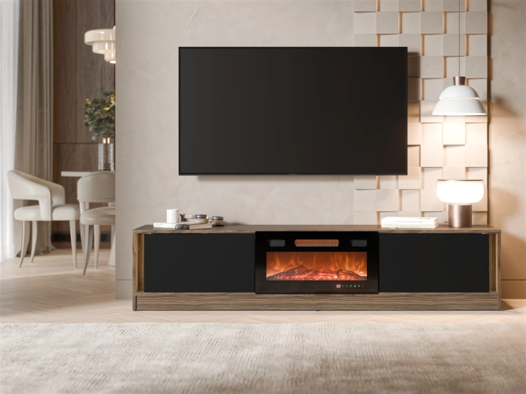 Szafka RTV orzech czarna 180 cm nowoczesna z kominkiem i systemem bez uchwytów.