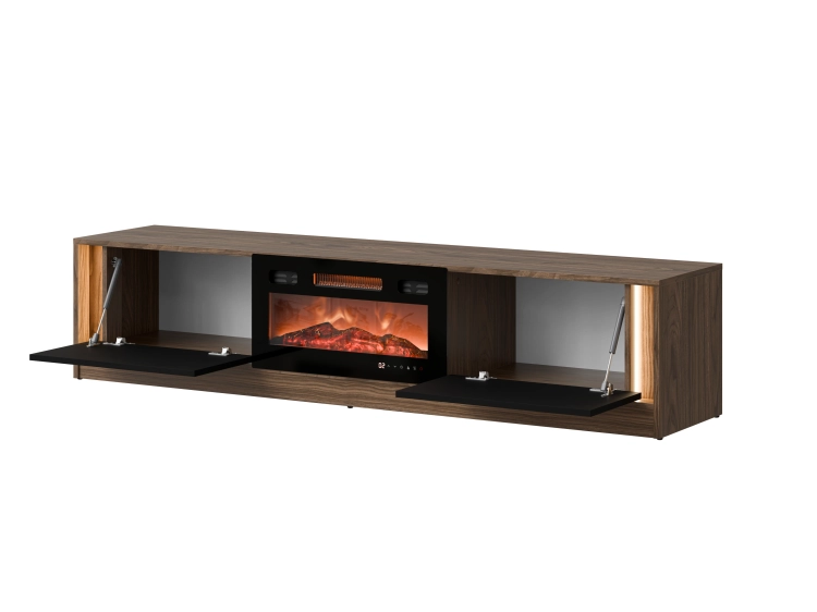 Szafka z kominkiem orzech 180 cm stojąca z klapami i miejscem na sprzęt RTV.