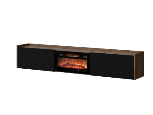 Szafka RTV 200 cm orzech czarna wisząca z kominkiem i zamykanymi frontami.