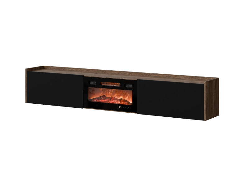 Szafka RTV 200 cm orzech czarna wisząca z kominkiem i zamykanymi frontami.