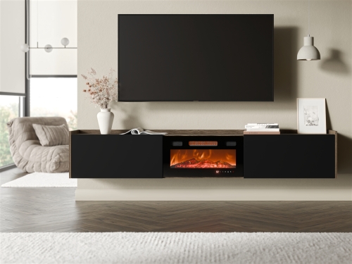 Szafka RTV do salonu orzech 200 cm wisząca z kominkiem elektrycznym.