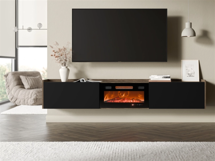 Szafka RTV do salonu orzech 200 cm wisząca z kominkiem elektrycznym.