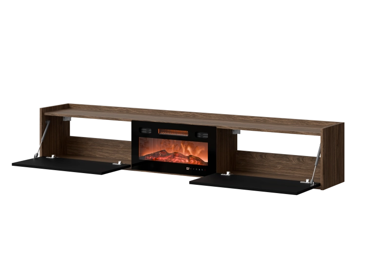 Nowoczesna szafka RTV z kominkiem orzech 200 cm z bezuchwytowym systemem.