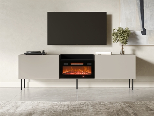 Szafka RTV 200 cm kaszmir z kominkiem i praktycznymi półkami.