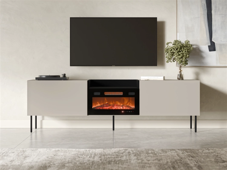 Szafka RTV 200 cm kaszmir z kominkiem i praktycznymi półkami.