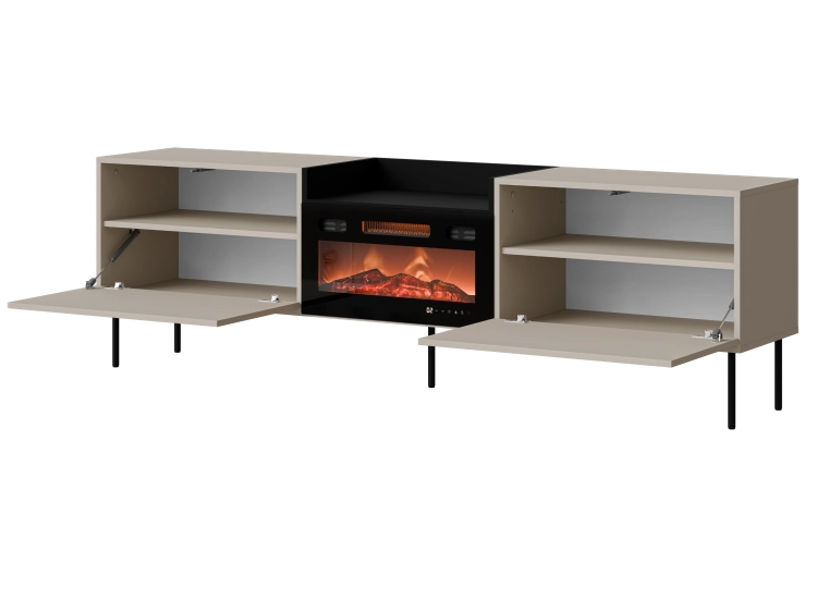 Szafka RTV do salonu kaszmir 200 cm z kominkiem i zamykanymi klapami.
