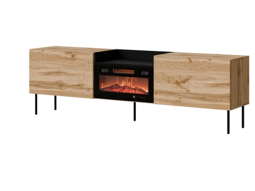 Szafka RTV z kominkiem dąb wotan 200 cm nowoczesna na metalowych nóżkach.