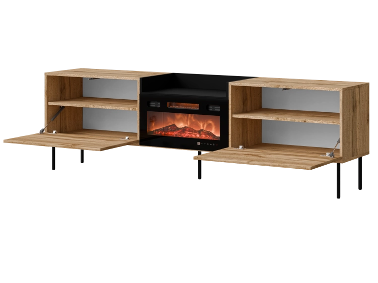 Szafka RTV dąb wotan z kominkiem 200 cm z wysokimi nóżkami metalowymi.
