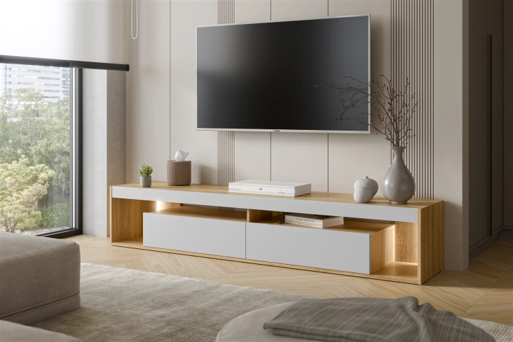 Szafka RTV dąb tajga szary do salonu 200 cm nowoczesna.