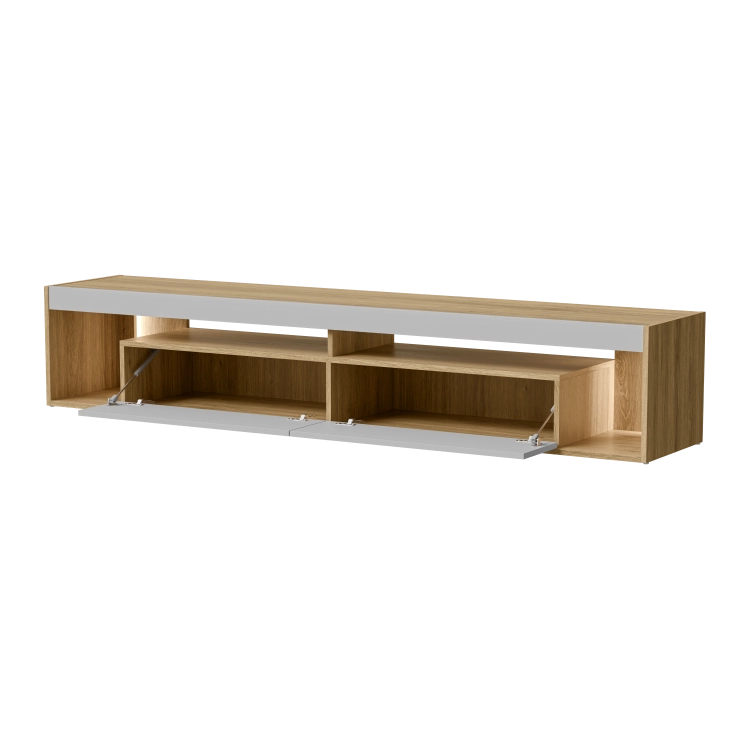 Szafka RTV 200 cm dąb tajga z szarymi frontami i półkami.