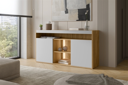 Komoda do salonu dąb tajga szary 150 cm z frontami bez uchwytów.