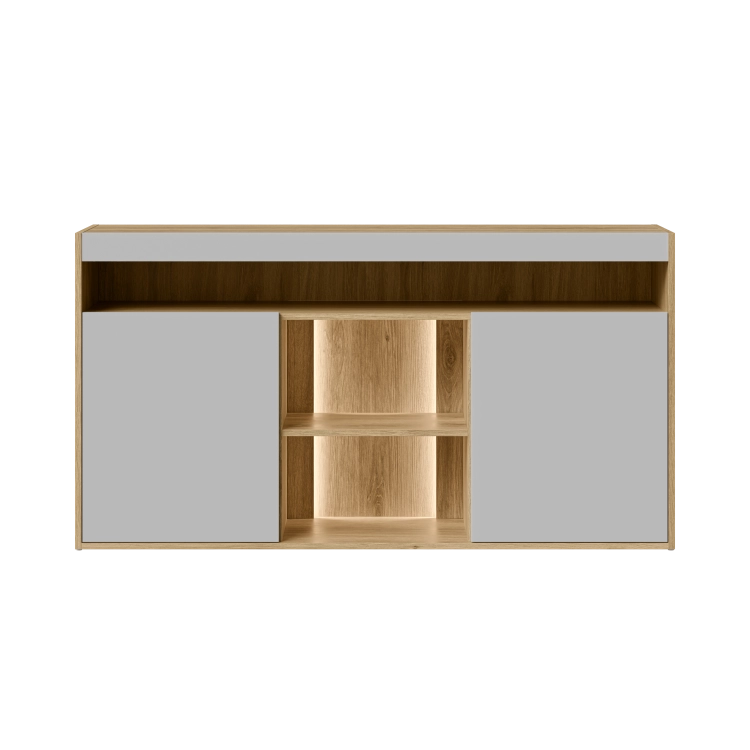 Komoda dębowa 150 cm dąb tajga z szarymi frontami i szafkami.