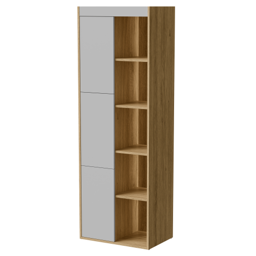 Witryna dębowa do salonu 60 cm z półkami i zamykanymi frontami.