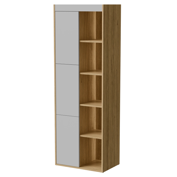 Witryna dębowa do salonu 60 cm z półkami i zamykanymi frontami.