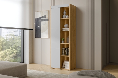 Witryna do salonu dąb tajga szary 60 cm wysoka z półkami.