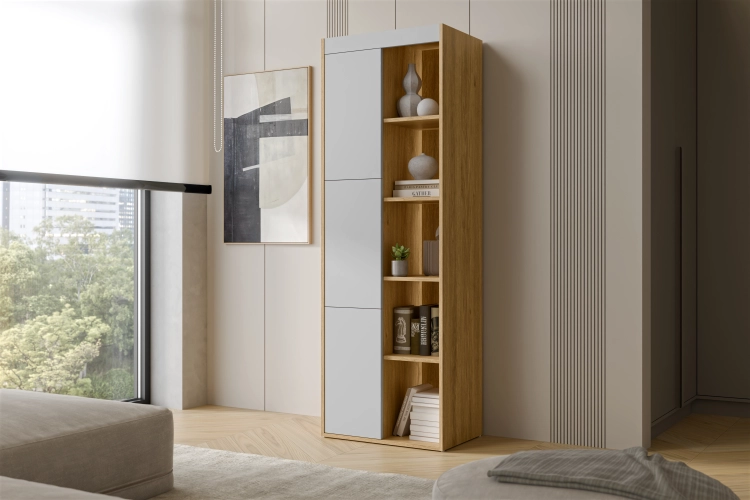 Witryna do salonu dąb tajga szary 60 cm wysoka z półkami.