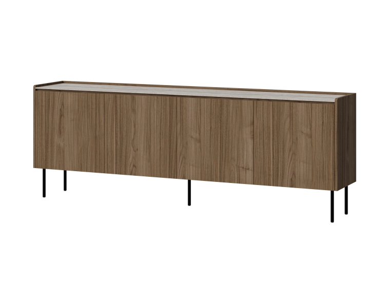 Komoda orzech ROYAL 210 cm na metalowych nóżkach z blatem trawertyn