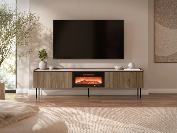 Szafka RTV z kominkiem elektrycznym ROYAL 210 cm w kolorze orzecha