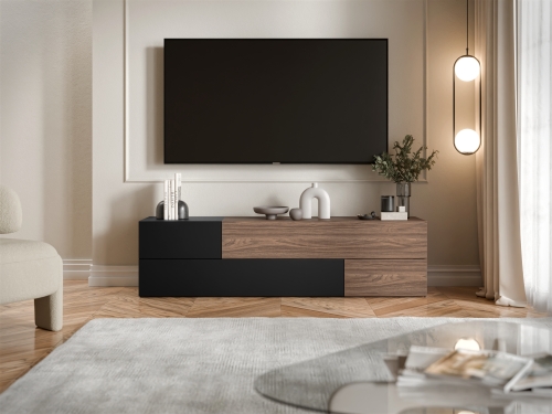 Szafka RTV orzech AXIS 180–220 cm z czarnymi elementami